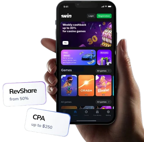 1win partners interface, with floating text bubbles showing affiliate partnership deals: 'RevShare from 50%' and 'CPA up to $250'
