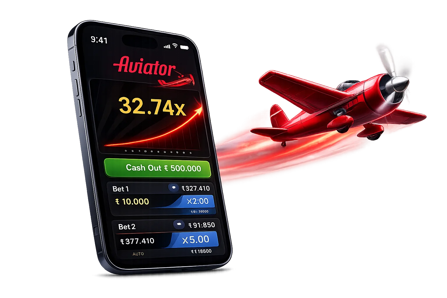 1win Aviator crash game interface on smartphone screen with a 32.74x multiplier and flying red airplane