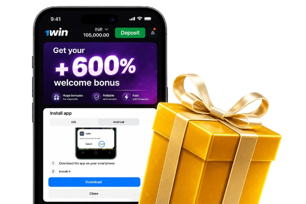 Smartphone displaying 1win app installation page with +600% welcome bonus banner next to a gold gift box