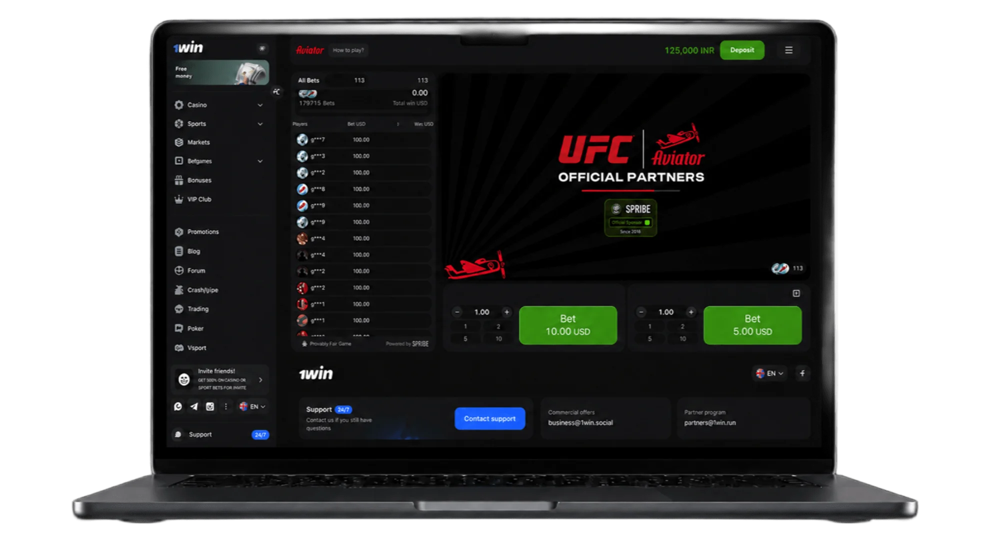 1win Aviator game step 1 showing bet setup on dual-panel interface on laptop screen