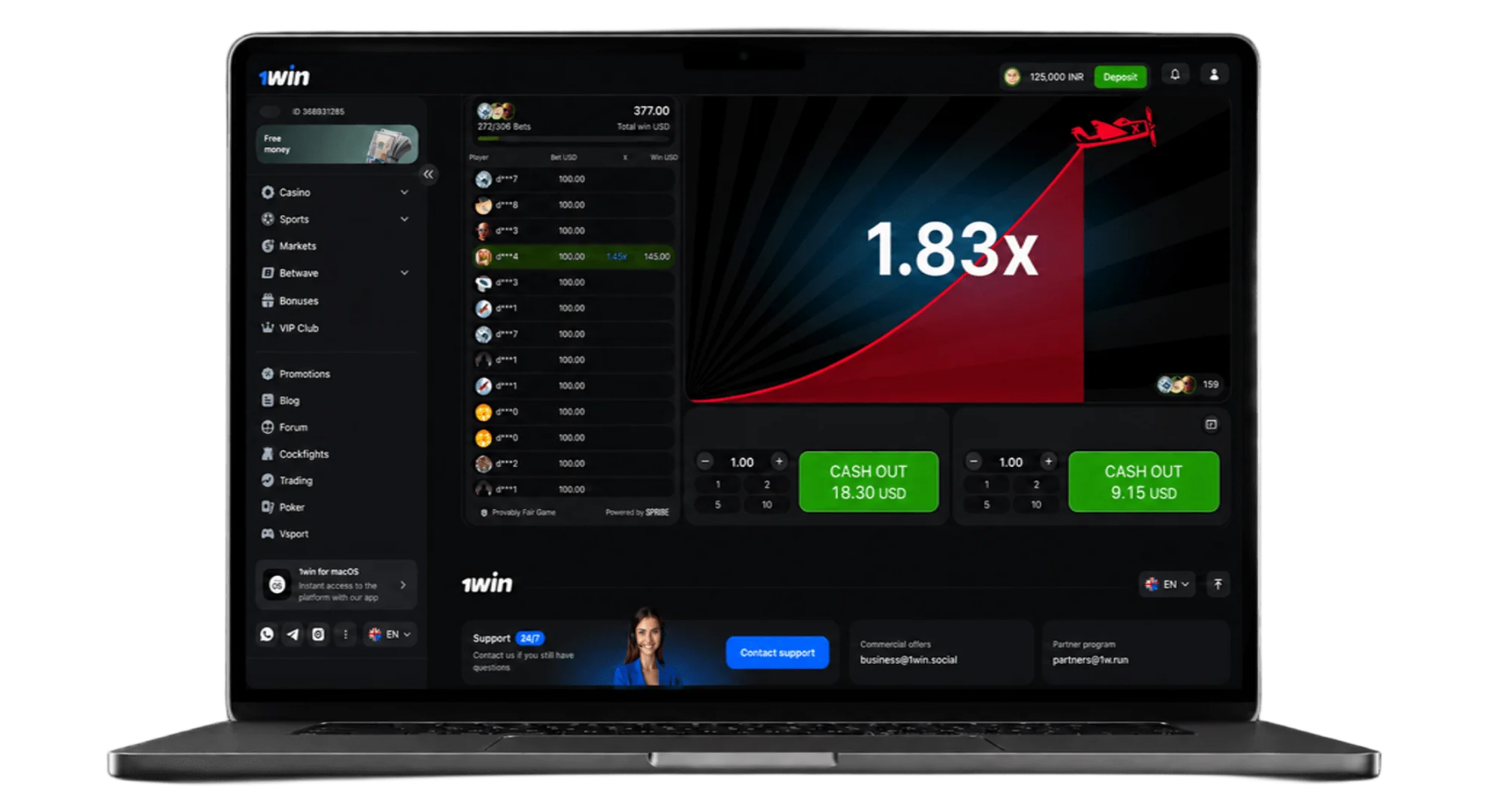 1win Aviator game step 2 displaying rising plane trajectory and 1.83x multiplier on laptop
