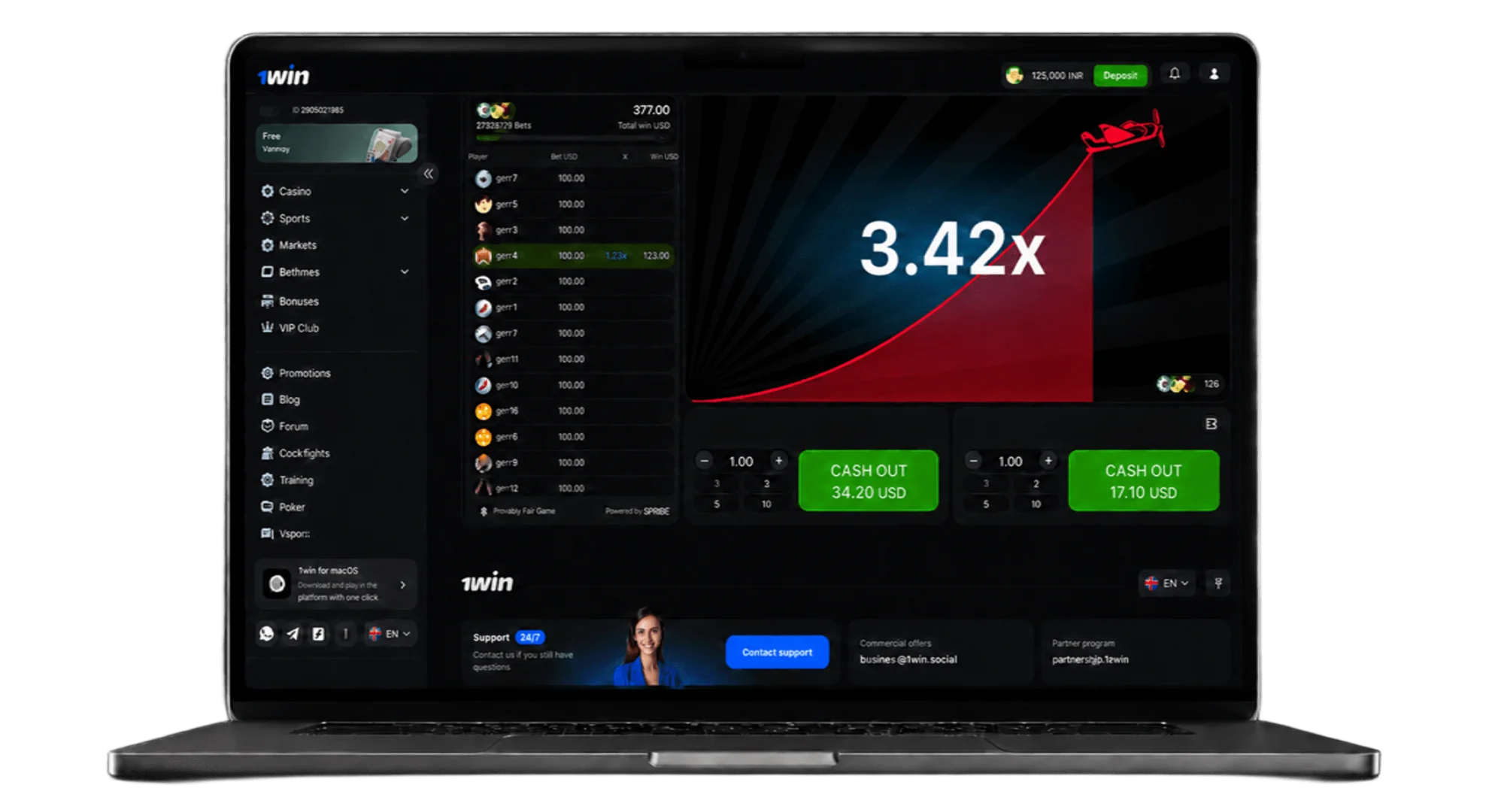 1win Aviator game step 3 showing cashing out winnings at 3.42x multiplier on laptop