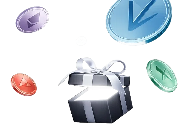 Opened gift box with floating cryptocurrency coins representing 1win bonuses and rewards