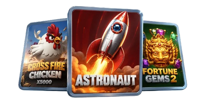 1win Online casino game covers featuring Cross Fire Chicken, Astronaut crash game, and Fortune Gems 2 slots