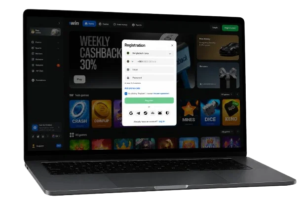 1win online registration form pop-up on a laptop screen showing quick sign-up and social login options
